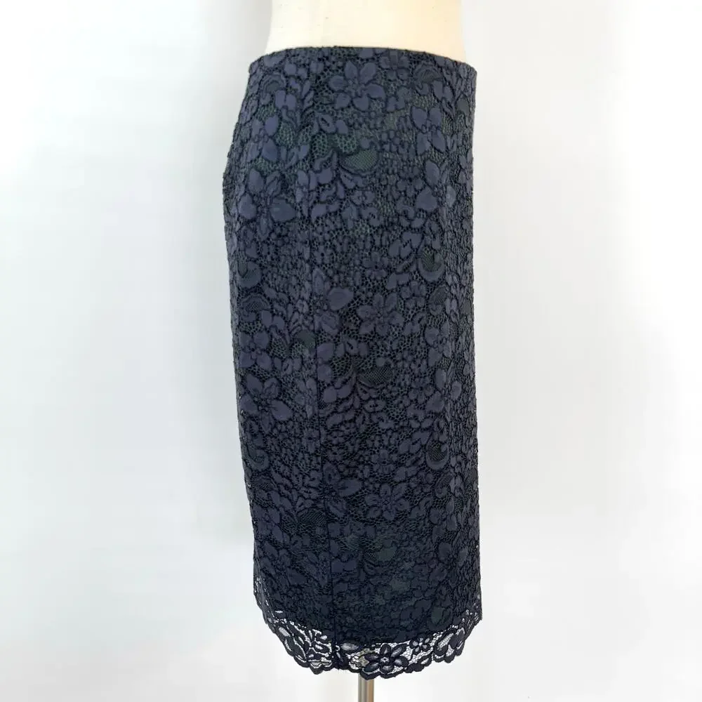 Tory Burch Lace Overlay Pencil Skirt Knee-Length Navy/Green Size 4
